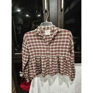 JAPNA Plaid Collection XS Blouse Crop Top BohoLong Sleeve Top Peplum Western